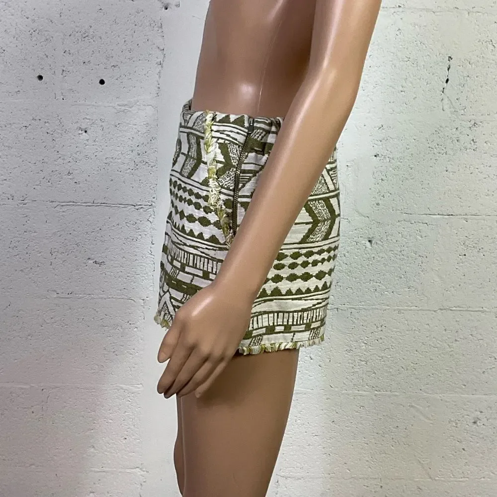 ZARA Trafaluc Y2K green ivory Aztec tapestry fringe shorts XS